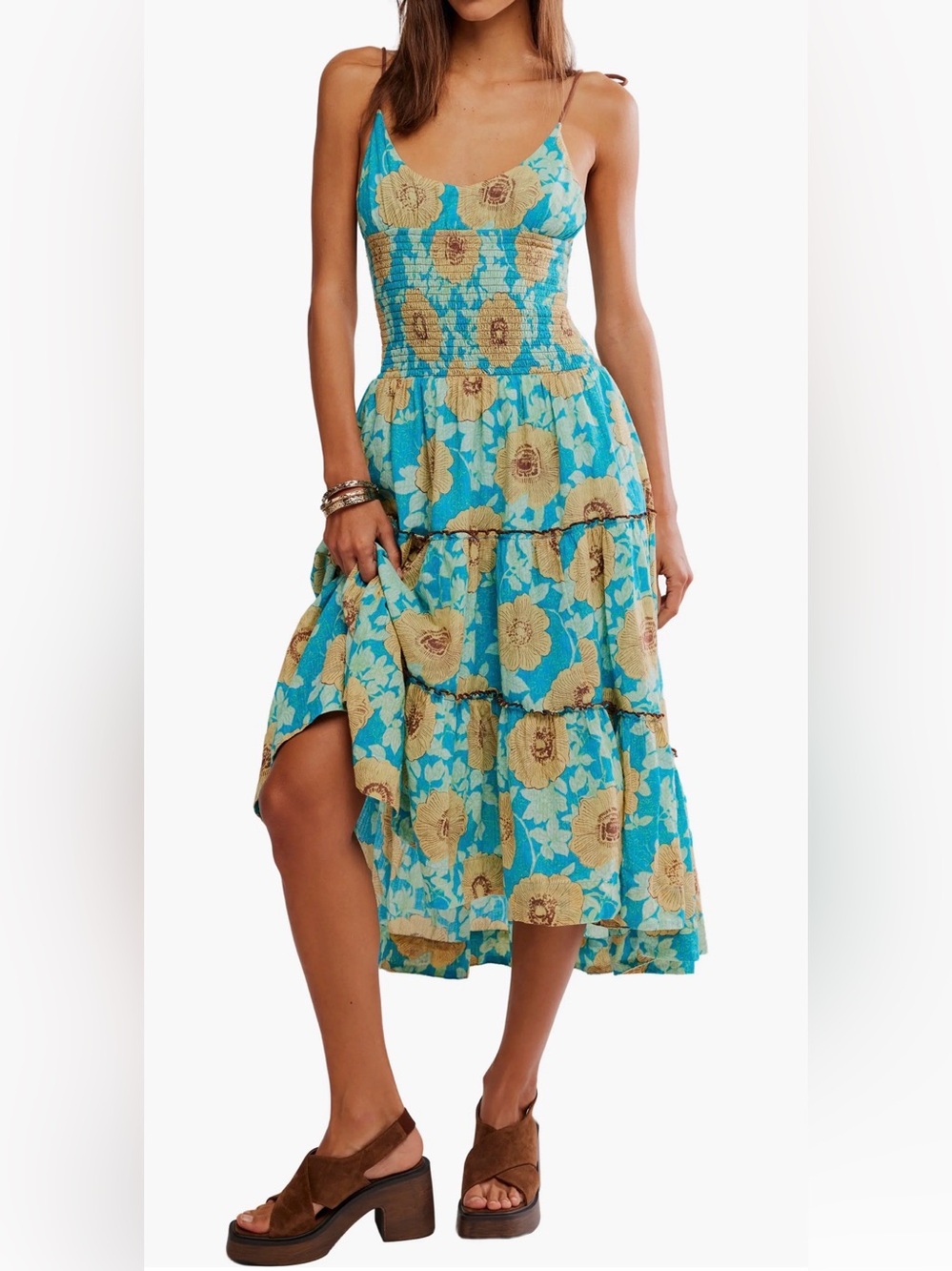 NWT Free People Adriel Floral Tie Strap Smocked Tiered Midi Dress XL